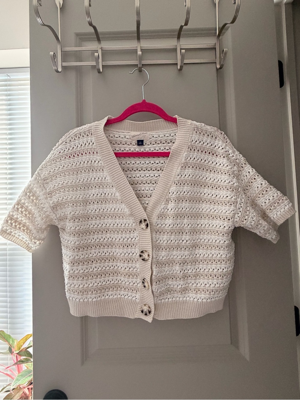 Universal Thread Cream Crochet Button-Front Short-Sleeve Cardigan